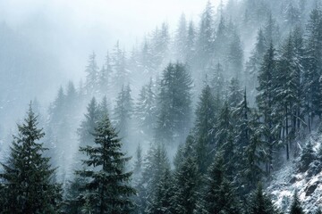 Fototapeta premium Soft snowfall blanketing evergreen forest with diffused winter light.