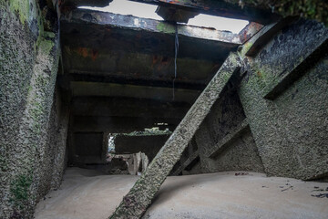 Arromanches-les-Bains, France - 08 08 2025:  Normandy landing blockhouse. Dertail view inside a blockhouse on the beach, sea and sand