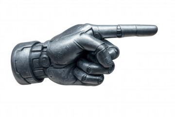 Metallic robotic hand pointing with extended index finger, showcasing advanced technological precision against transparent backdrop