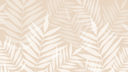 Beige and white seamless patterns background with leaves.  Botanic tropical wallpaper with palm leaves. 