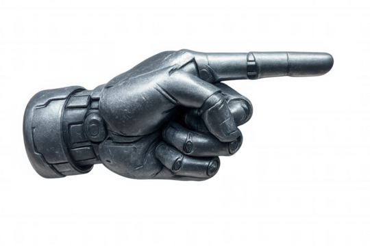 Metallic robotic hand pointing with extended index finger, showcasing advanced technological precision against transparent backdrop