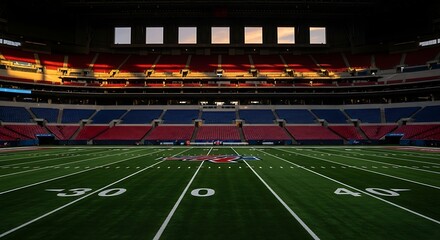 Obraz premium An empty american football stadium bathed in the warm glow of the setting sun, highlighting the pristine green field and tiered seating.