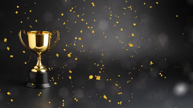Golden champion trophy cup with falling confetti animation on a dark background. Concept of victory and success. First place award celebration with ample copy space for text and graphics. - Powered by Adobe
