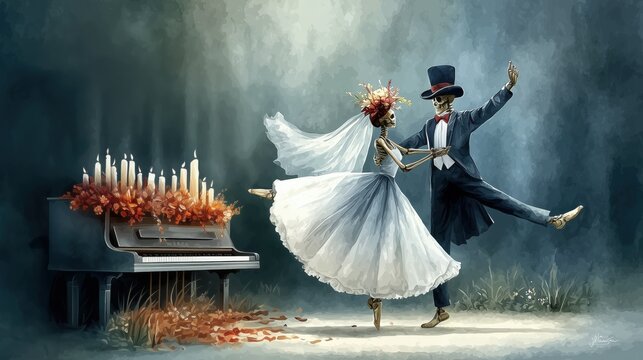 Halloween wedding with skeleton bride and groom dancing near old piano with candles in mystical gothic watercolor style
