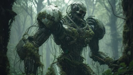 Fototapeta premium Robot in mossy forest