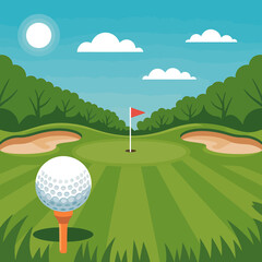 Golf ball on tee with green grass trees sand traps and a red flag in the background under a bright sky