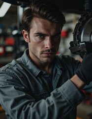 Obraz premium Auto repair specialist examining brake systems with focused determination