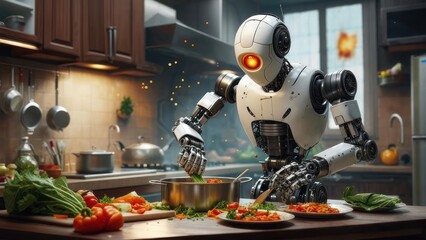 Robot cooking in a kitchen