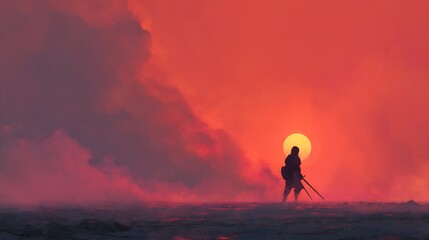 Obraz premium Lone soldier clutching his sword the sky burns red with the light of a dying sun the scorched ground stretching endlessly in every direction digital art style illustration painting