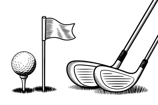 Golfing Equipment Illustration Featuring Ball on Tee Flag and Clubs for Graphic Design Projects and Sporting Themes