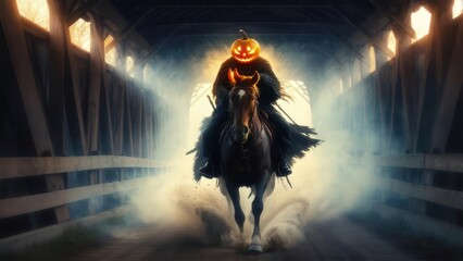 Pumpkin-headed rider on a horse through a bridge