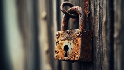 Rusty padlock on weathered wood (1)