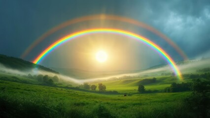 Naklejka premium Rainbow over a misty valley