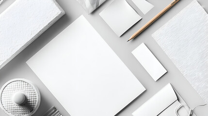 White Branding Mockup: A Flat Lay of Elegant Stationery Design Templates on a Gray Background.  The scene includes blank paper, cards, envelopes, a