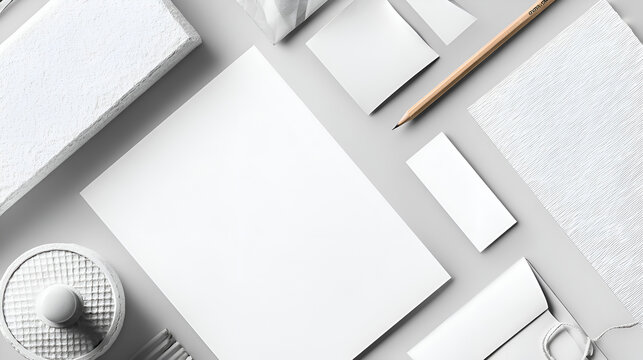 White Branding Mockup: A Flat Lay of Elegant Stationery Design Templates on a Gray Background.  The scene includes blank paper, cards, envelopes, a