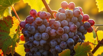 Close-up of ripe red grapes hanging on a vine, bathed in warm sunlight, ready for harvest