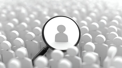 White Crowd of People with a Magnifying Glass Focusing on a Single Figure in the Center.  A Monochrome Image with a Shallow Depth of Field