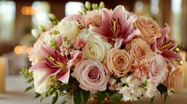 Elegant floral arrangement with pink roses and lilies on table  