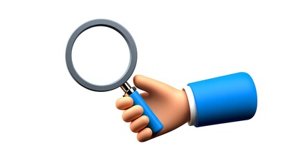 Hand holding magnifying glass isolated on white background