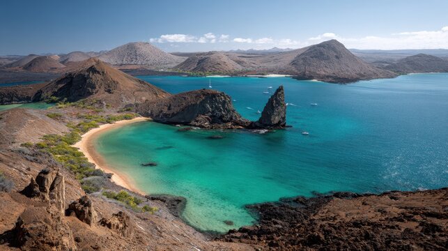 The famous Pinnacle Rock at Bartolome Island, with turquoise waters and sandy beaches in the foreground.