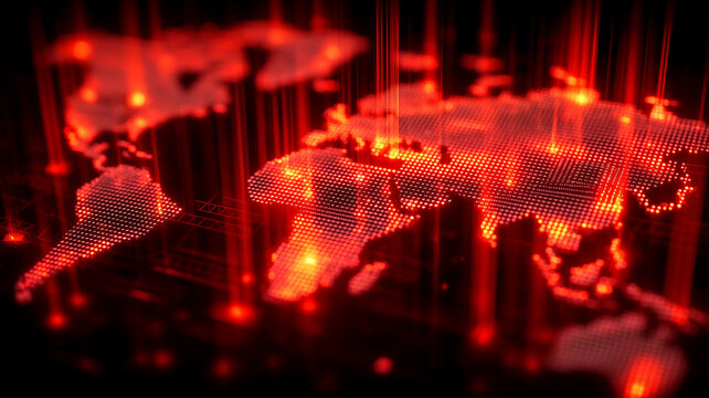 Global Cyber Threat Map glowing in red dots, visualizing worldwide breach activity on a digital grid. A concept of attack waves, risk monitoring, and network exposure at planetary scale.