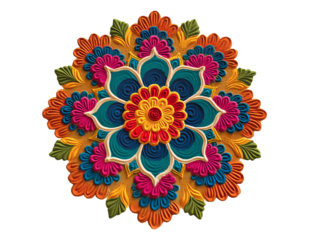PNG of Vibrant floral mandala design with intricate details in blue, orange, and pink hues, evoking a sense of harmony and beauty.
