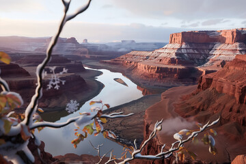 Grand canyon landscape view with river and snow covered branches in the foreground scenery nature