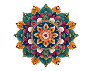PNG of A vibrant and intricate mandala design featuring floral patterns in shades of blue, pink, and gold.