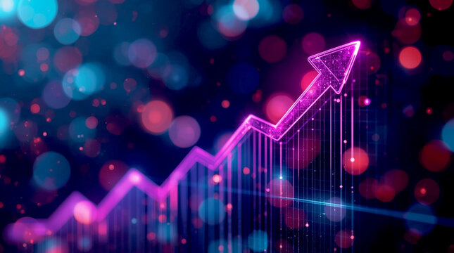 Futuristic glowing red arrow rising on financial chart, abstract business growth background with bokeh lights, stock market success and digital economy analytics illustration - Powered by Adobe