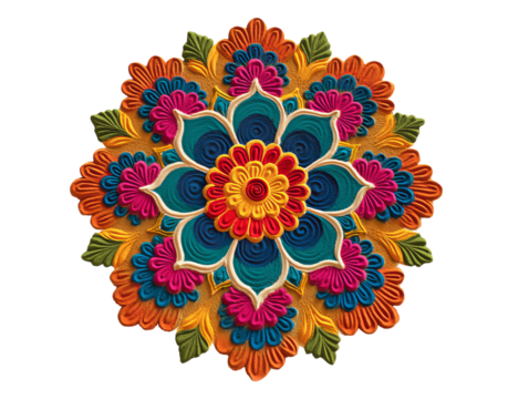 PNG of Vibrant floral mandala design with intricate details in blue, orange, and pink hues, evoking a sense of harmony and beauty. - Powered by Adobe