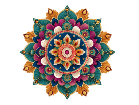 PNG of A vibrant and intricate mandala design featuring floral patterns in shades of blue, pink, and gold. - Powered by Adobe