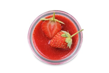 Strawberry panna cotta with strawberry sauce and fresh strawberries on a white isolated background