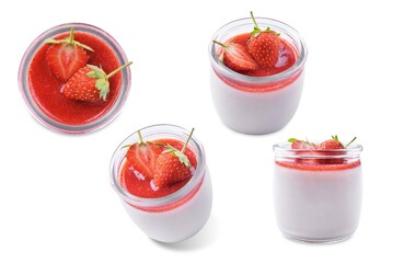 Strawberry panna cotta with strawberry sauce and fresh strawberries on a white isolated background