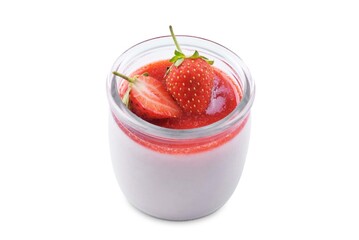 Strawberry panna cotta with strawberry sauce and fresh strawberries on a white isolated background