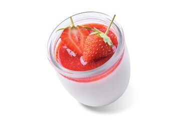 Strawberry panna cotta with strawberry sauce and fresh strawberries on a white isolated background
