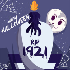 Colored spooky halloween poster Graveyard with a tomb with candle Vector