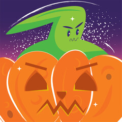 Colored spooky halloween poster Angry jack-o-lantern with a zombie Vector