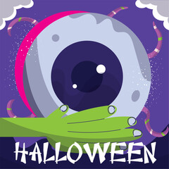 Colored spooky halloween poster Toad hand holding an eye Vector