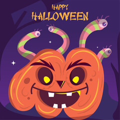Colored spooky halloween poster Zombie pumpkin with worms Vector