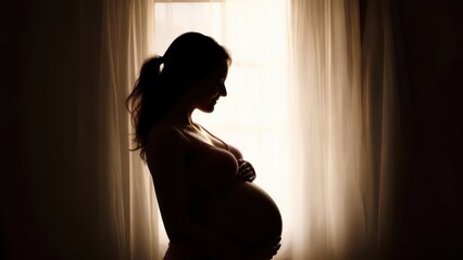 Silhouette of pregnant woman by window