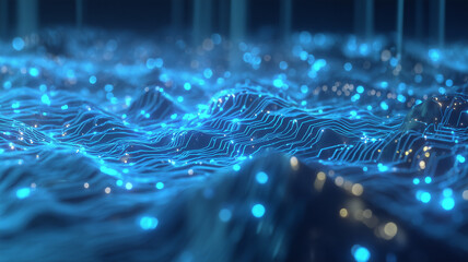 Electronic Terrain of Glowing Circuits, visualizing data topography and the flow of signals across a synthetic landscape.
