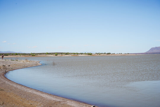 The shores of Elephant Butte Reservoir under a clear blue sky in New Mexico