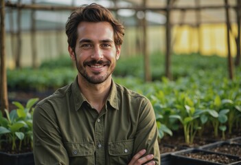 Forestry nursery worker smiling beside seedling trays in a greenhouse