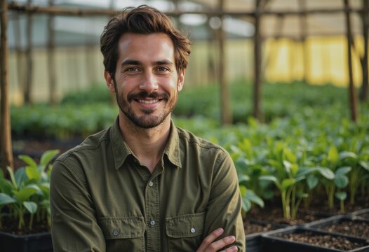 Forestry nursery worker smiling beside seedling trays in a greenhouse - Powered by Adobe