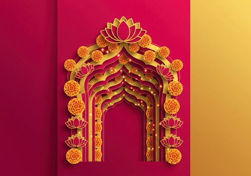 A festive portal for an Indian celebration like Diwali or a wedding, featuring a layered arch with traditional flowers
