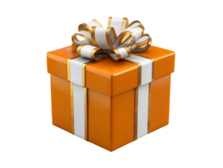 PNG of A beautifully wrapped orange gift box adorned with a white and gold ribbon, perfect for celebrations.