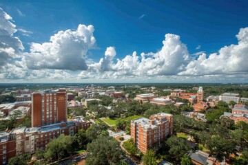University of Florida Aerial Drone Shot, Gainesville Campus, Red Brick Buildings, Long Exposure Photography, Sunny Day, Puffy Clouds.