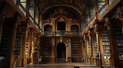 Grand, ornate library interior, rich wood paneling,  high ceilings