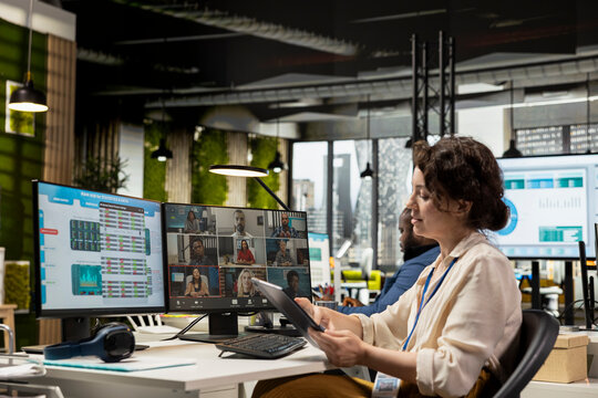 Associates meeting on online video call to discuss resource allocation, discussing about data insights with investors group and ensure professional success via remote web chat.