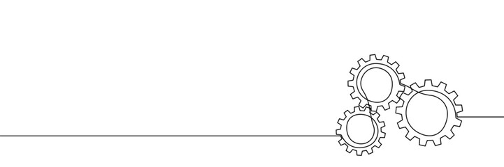 Gear continuous one line art icon cog work business factory. Continuous one line gear wheel team setting vector outline computer cogwheel technology sketch drawing science stroke machine brain idea.